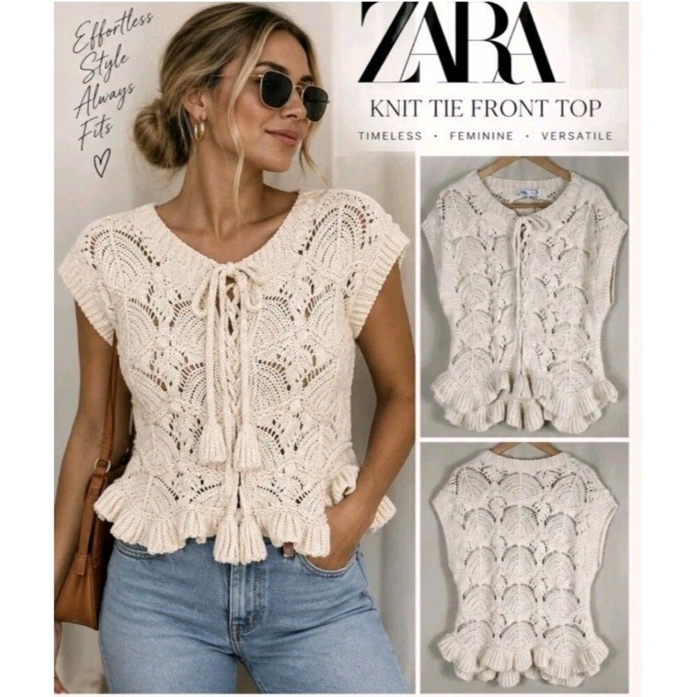ZARA Crochet Top Knit Tie Front Ruffle Hem Boho Cottagecore Festival Size Small